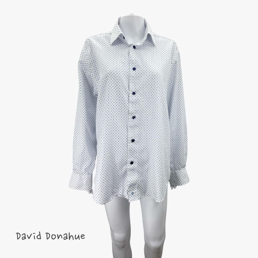 David Donahue White & Blue Diamond Print Regular Fit Dress Shirt Size 15.5 32/33